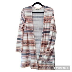 Wallflower XL Long Open Front Cardigan with Pocket Boho Tan, Pink Duster